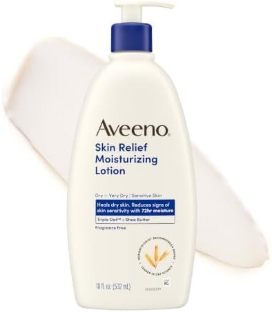 Aveeno Skin Relief Moisturizing Body Lotion Heals Very Dry, Sensitive Skin, Fast Absorbing Lotion with Soothing Triple Oat & Shea Butter Formula, Fragrance Free Lotion, Non-Comedogenic, 18 Fl Oz