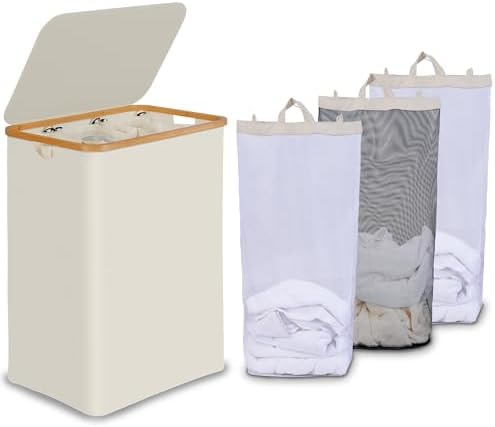 efluky Laundry Hamper 3 Section with lid and 3 Removable Bags, Beige