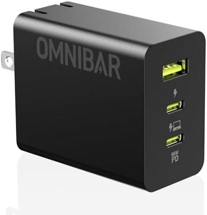 Omnibar 65W USB C Charger, 3-Port GaN Fast Wall Charger, Foldable Plug