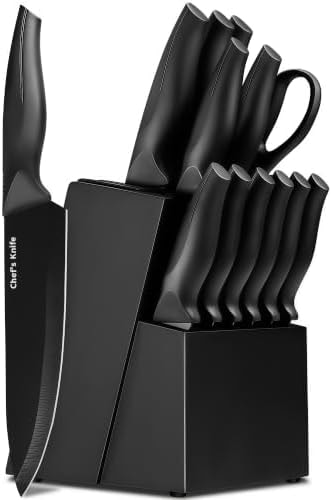 LINHAO 14-Piece Black Kitchen Knife Block Set with Built-In Sharpener