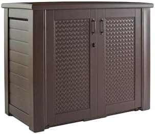 Rubbermaid Decorative Outdoor Storage Cabinet (123 Gal), Weather Resistant, Brown, Organization for Home/Backyard/Pool Chemicals/Toys/Garden Tools/Porch/Patio Cushions