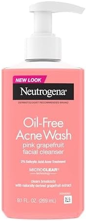 Neutrogena Oil-Free Acne Wash Pink Grapefruit Facial Cleanser - with Salicylic Acid for Clear Skin, Daily Face Wash for Oily & Acne-Prone Skin, Deep Cleansing Treatment, 9.1 fl. oz. Bottle
