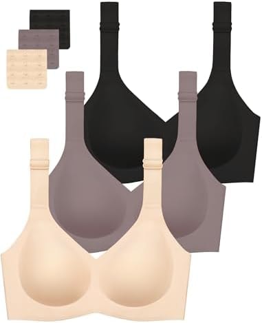 Gailife 3PACK Jelly Wireless Bras for Women No Underwire Full Coverage Ultra Comfort Bralettes for Women Everyday T Shirt Bra-Vneck,Black/Beige/Grey,XL
