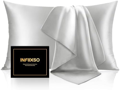 INFIIXSO Mulberry Silk Pillow Cases Standard Size with Zipper, Light Grey