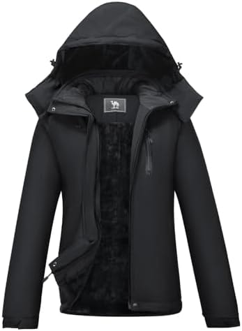 CAMEL CROWN Women's Mountain Waterproof Ski Jackets Warm Winter Snow Coat with Detachable Hood Windproof Rain Jacket Black XXL
