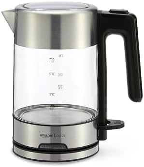 Amazon Basics Electric Kettle with Glass Carafe for Tea and Coffee, Fast Boiling, Auto Shut-Off, Boil-Dry Protection, Temperature Control, Removable Filter, 1 Liter, 1500W, BPA-Free