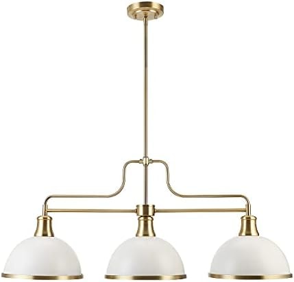 Globe Electric 60885 3-Light Linear Chandelier, Matte White, Brass Accents, Adjustable Hanging Height, Sloped or Vaulted Ceiling, Modern Dimmable Lighting for Kitchen Island or Dining Room