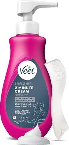 VEET Professional 2 Minute Cream for All Skin Types with Shea Butter, Effective Full Bikini & Pubic Hair Removal, Dermatologically Tested, 13.5 FL OZ Bottle w/Spatula