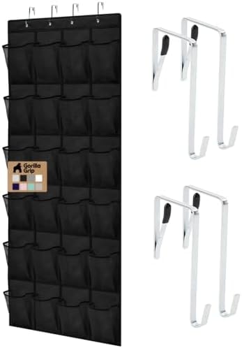 GORILLA GRIP Over the Door Shoe Organizer, 24 Large Breathable Mesh Pockets, Space Saving Hanging Storage Holder, Closet Rack Hanger Holds Up to 40 lbs, Hangs on Closets for Shoes, Accessories, Black