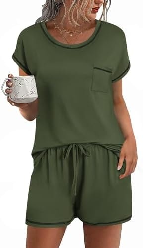 Ekouaer Womens Pajama Sets 2 Piece Soft Short Sleeve Top and Shorts Sleepwear Round Neck Pjs Lounge Set with Pockets Army Green Medium