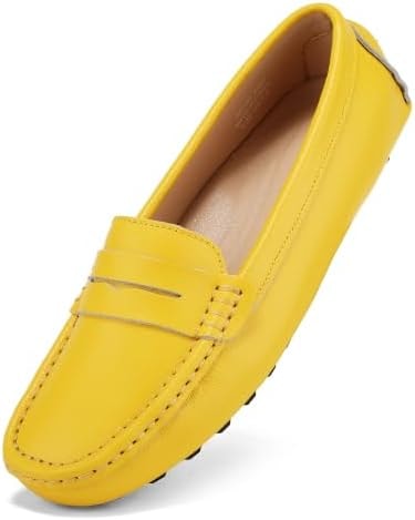 BEAUSEEN Women's Classic Comfort Leather Penny Loafers Casual Slip-Ons Lightweight Walking Flats Driving Mocs Boat Shoes Yellow,9.5 US