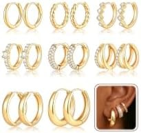 8 Pairs Gold Hoop Earrings Set for Women, 14K Gold Plated CZ Cartilage Earring for Multiple Piercing, Lightweight Hypoallergenic Small Hoop Stackable Jewelry Gift