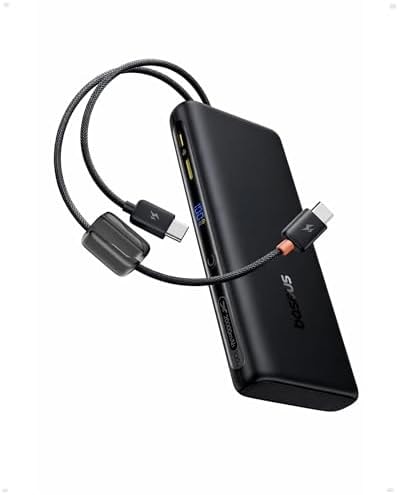 Baseus 100W Power Bank 20000mAh, Portable Laptop Charger with Built-in USB-C Dual Cables, Travel Essential PD QC Fast Charging for MacBook, iPad, iPhone 17/16, Samsung, Steam Deck, TSA-Approved