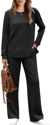 WIHOLL Womens Two Piece Outfits Fall Essentials Vacation Long Sleeve Wide Leg Tracksuit Comfy Lounge Set Airport Loungewear Women's Winter Jumpsuits 2025 Cowboy Chic Black M