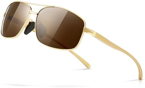 SUNGAIT Ultra Lightweight Rectangular Polarized Sunglasses Men UV400 Protection (Gold Frame Brown Lens, 62) Metal Frame SGT458 JKC-CA