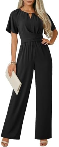Dokotoo Jumpsuits for Women Dressy Casual Rompers 2026 Trendy Women's Round Neck Short Sleeve Loose One Piece Wide Leg Pants Summer Elegant Overalls Jumpsuits(Black,Large)