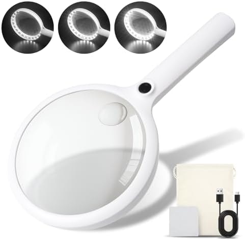 2000mah Rechargeable Handheld Magnifying Glass with 24 LED Lights, 5X 10x Reading Magnifier Large 5 inch Lens, 3 Light Modes for Seniors Reading, Inspection (White)