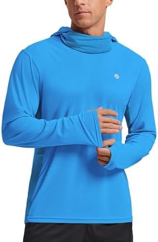 PINSPARK Fishing Hoodie Men UPF 50+ Sun Protection Face Mask Long Sleeve UV Shirts Rash Guard Angler Gear Lightweight Brilliant Blue