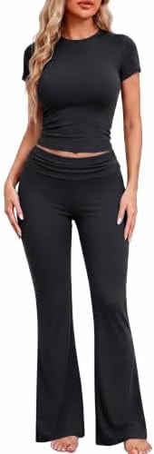 Ekouaer Women 2 Piece Pajama Set Short Sleeve Crop Top Foldover Flare Pant