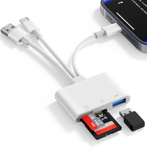 SD Card Reader for iPhone iPad Mac, 3 in 1 Memory SD Card Adapter, USB C & Lightning & USB-A Digital Camera Adapter to iPhone with SD/MicroSD/USB OTG Slots, High-Speed Plug & Play for Computer Laptop