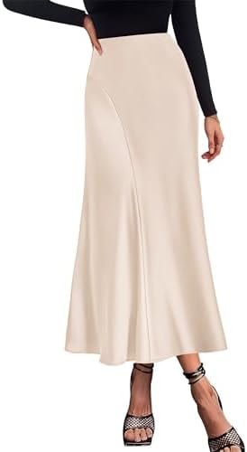 KIRUNDO Women's Satin Maxi Skirt 2026 Summer Fall Trendy High Waisted Wedding Cocktail Party Work Silk A-Line Formal Skirts(Beige, Small)