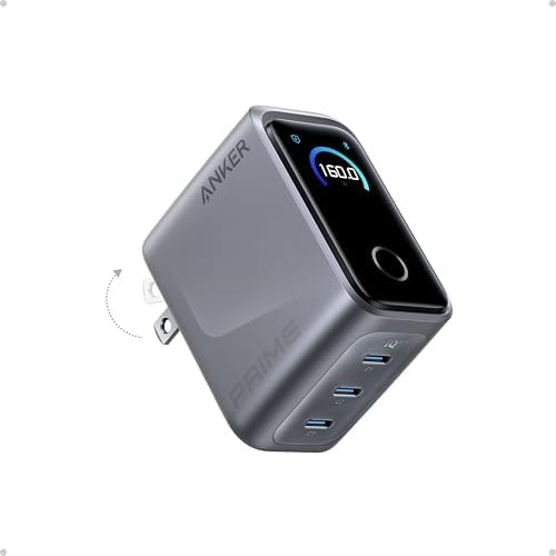 Anker Prime Charger,160W 3-Port Compact GaN USB C Charger,Smart Display,Touch Control,Up to 140W Fast Charging for One Device,for MacBook Pro,Laptop,iPhone 17 Series(Cable Not Included,Non-Battery)