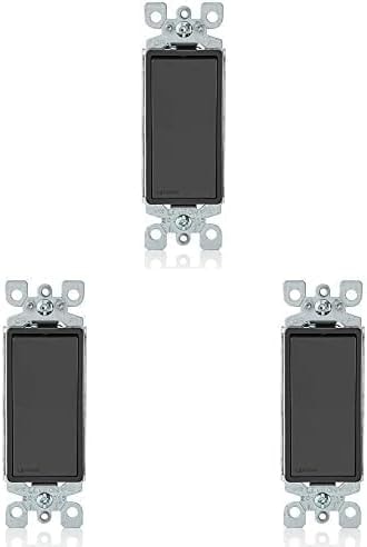 Leviton 5601-2E 15 Amp, 120/277 Volt, Decora Rocker Single-Pole AC Quiet Switch, Residential Grade, Grounding, Black (Pack of 3)