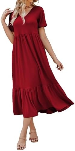 Women's 2026 Summer Short Sleeve V Neck Swing Dress Flowy Tiered Maxi Beach Sundress with Pockets