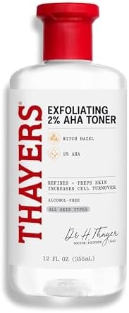 Thayers 2% AHA Exfoliating and Brightening Toner with Glycolic Acid, Lactic Acid and Witch Hazel, Smoothing and Pore Refining Skin Care for All Skin Types, 12 Fl Oz​