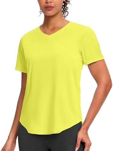 Womens Workout Shirts V-Neck Short Sleeve Sun Shirt, Yellow, M