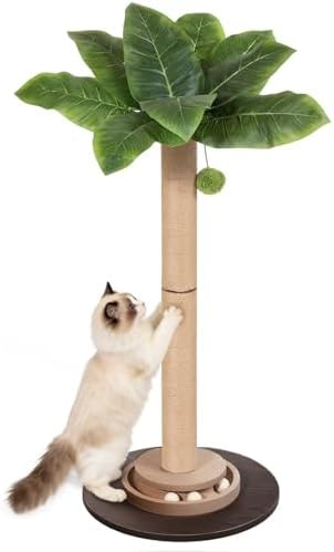 PAWALAYA 41.5" Tall Cat Scratching Post, Canna Leaf Cat Scratcher with Sisal Rope & Interactive Toys for Indoor Cats