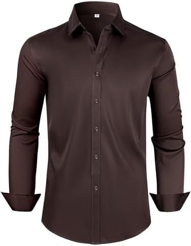 Ficovis Men's Dress Shirts Button Down Long Sleeve Business Dark Brown L