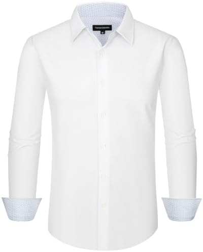 Esabel.C Mens Dress Shirt Wrinkle Resistant Contrast Collar Shirt, White, L