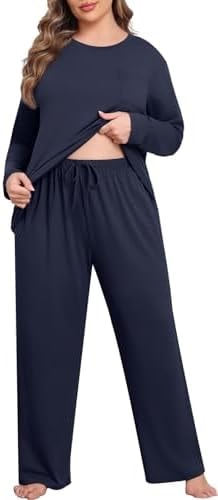 Lastshe Womens Plus Size Pajamas Set 2 Piece Long Sleeve Sleepwear Top Pants Super Soft Printed Lounge Sets Pjs with Pockets,Dark Blue-3X