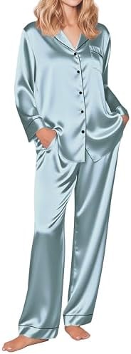 Ekouaer Silk Pajamas for Women Button Down Satin Pj Set Soft Long Sleeve 2 Piece Sleepwear Loungewear (Light gray blue,XXL)