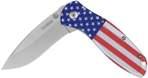 Kershaw Blur USA Flag Folding Pocket Knife, Made in USA, 3.4 Inch 14C28N Steel Recurve Blade, EDC with Assisted Opening, Aluminum Handle with Trac-Tec Grip, Reversible Pocketclip, Everyday Carry Knife