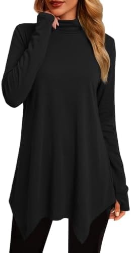 Turtleneck Tops for Womens Long Sleeve Thumb Holes Tunic Shirts Black XL