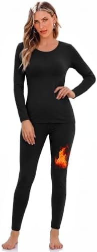 WIHOLL Thermal Underwear for Women Cold Weather Clothes Fleece Lined Thermal Long Johns Winter Base Layer Clothing Thermal Shirt Top and Leggings Pants 2Pc Set for Women Black S
