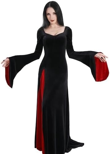 QRT Morticia Addams Costume,Women Velvet Maxi Dress,Vintage Gothic Vampire Long Dress Halloween Family Cosplay Cocktail Party