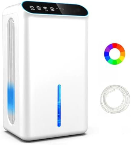 Dehumidifier for Home up to 1000 Sq.Ft, 98oz Small Quiet Dehumidifier with Drain Hose, 3 Timer Modes, Auto Shut Off, Aromatherapy & 7 Color Light for Basement, Bedroom, Bathroom, RV (Snow White)