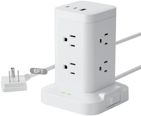 Tagzilo Power Strip Tower with Surge Protector 1800J, Fast Charging Tower PD20W USB-C Ports with 8 AC Outlets, Extension Cord for Home Office Dorm Room, White, 6FT