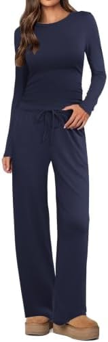 Ekouaer Women's 2 Piece Lounge Sets Ruched Top and Wide Leg with Pockets