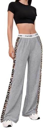 PEFYERVERY Women Baggy Pants Leopard Print Block Side Teen Wide Leg Open Bottom Sweatpants Y2K Elastic Waistband Casual Trendy Trousers Gray M