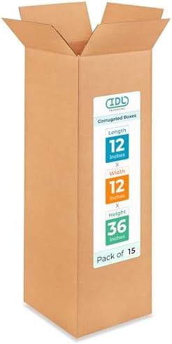 Tall Moving & Shipping Boxes 12"L x 12"W x 36"H (15-Pack) - Extra Strength 200 lb vs Regular - Corrugated Boxes for Packaging Moving - Cardboard Box - Moving Supplies Box by IDL Packaging