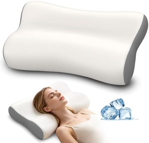 Polovo Cervical Neck Pillow - Ergonomic Side Sleeper Pillow for Pain Relief, Contour Memory Foam Pillows for Deep Sleep, Orthopedic Cooling Pillow Bed Pillow for Side Back Stomach Sleepers(White&Grey)