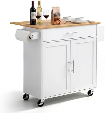 VEVOR Kitchen Island Cart with Storage, 42.28 in Wide Mobile Rolling Storage Island on Swivel Wheels, with Drawer, Storage Cabinet, Drop Leaf, Spice Rack, Table for Home Dining Room, White