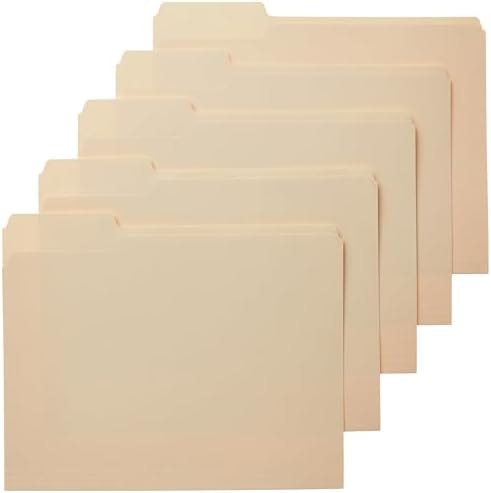 Amazon Basics Sturdy File Folders with Reinforced Tabs for Filing and Organization, 1/3-Cut Tab, Assorted Positions, Letter Size, 8.5x11 inches, Manila, 100-Pack