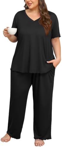 Lastshe Womens Plus Size Pajama Set Short Sleeve Ruffle Soft Comfy Black 4X