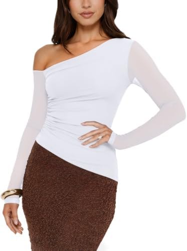 PINKMSTYLE Womens Mesh Asymmetrical Long Sleeve Off Shoulder Going Out Tops