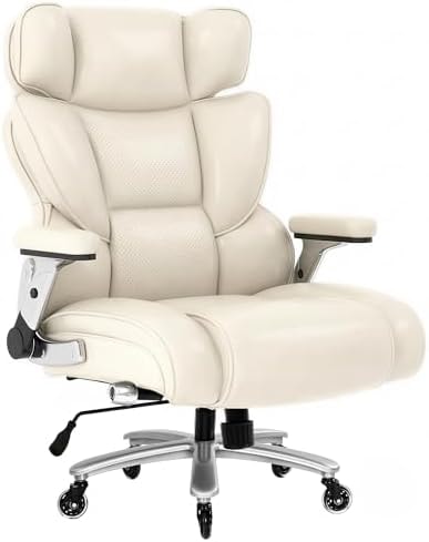 FLEXISPOT 600lbs Big and Tall Office Chair for Heavy People, Heavy Duty Computer Chair with Lumbar Support 2D Armrest, Desk Chairs for Working Relaxing Cross Legged, PU Leather, Beige White